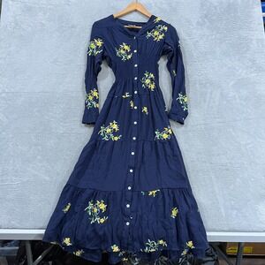 Fig & Flower Dress Petite Small Floral Embroidered Button Up Maxi Boho Hippie